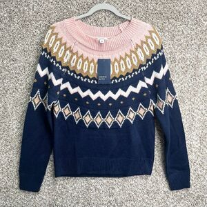 Crown & Ivy Sweater Women’s Small Harbor Navy Blue Fair Isle Pullover Crew Neck
